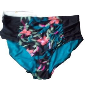 Terra & Sky Woman Plus Black High Waist Floral Swim Bikini Bottom 3X 24W-26W
